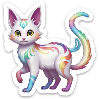 Jumping-Pure-snow-White albino iridescent with pastel rainbow-gradients-color-markings with swirly patterns butterflies  faerie-Noivern-Noibat-Purloin-Torracat-Lykoi-Caracal-cat-Fakemon-fusion-hybrid-creature- sticker