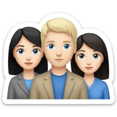 Blond woman blue eyes on left. Man with black hair and greye eye in the middle. Brown hair woman with greye eyes on the right sticker