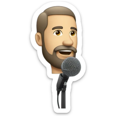 A stocky man with a beard and a microphone sticker