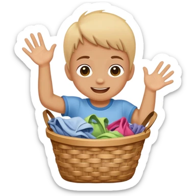 child dropping dirty clothes into a basket, cheerful and responsible sticker