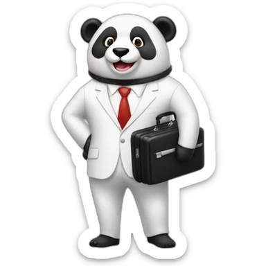 A professor with white suit and red tie and a panda face eating a hotdog and holding a black suitcase sticker