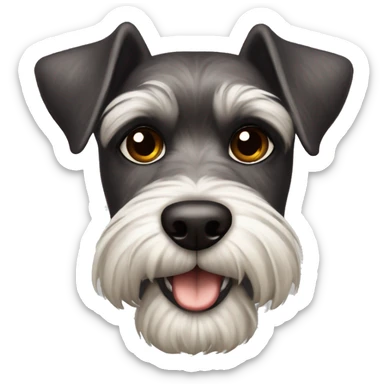 Schnauzer dog with dark brown eyes, super pointed  and a plaque in bone form that says HUMA sticker