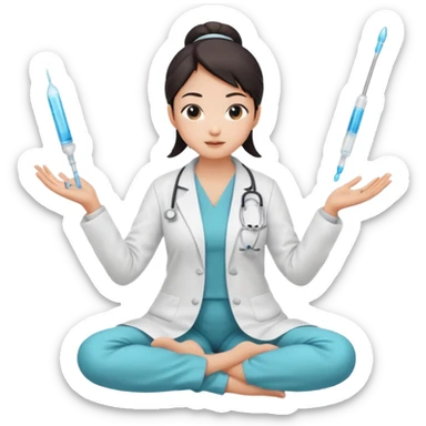 emoji of an asian woman with a single bun in a white lab coat sitting cross legged with micropipettes levitating above each hand. the tips should be pointing away from her and she should not be wearing a stethoscope sticker