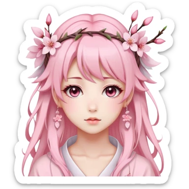 A Gorgeous Beautiful Anime Lady with a Sakura Cherry Blossom Headdress and Pretty Hair, pastelcore aesthetic  sticker