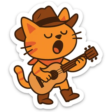 flat toon Yodeling orange cowboy cat strumming an acoustic guitar  sticker