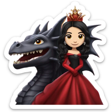 Lavish Victorian evening gown with gloves, Jenna Ortega as Morticia Addams Jedi wearing a mini tiara, riding on the back of a very large blood red evil-looking horned firedragon sticker