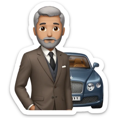 Dyed black gray hair  frencb beard graying indian guy in suit with a bentley names professor bw tlt sticker