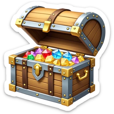 Clash of Clans aesthetic: Cinematic Playful 3D Isometric Treasure Chest Emoji, rendered in a 3D vector-style similar to standard emojis with minimal shading and bold, simplified shapes. A compact, distinct form with signature details, softly glowing with a fantasy RPG magic charm. Simplified yet unmistakably iconic, highly detailed and consistent, glowing with a soft radiance and high shine. Stylized with a touch of heroic grandeur and a soft glowing outline, capturing the essence of a beloved gaming relic with a friendly, playful manner! sticker