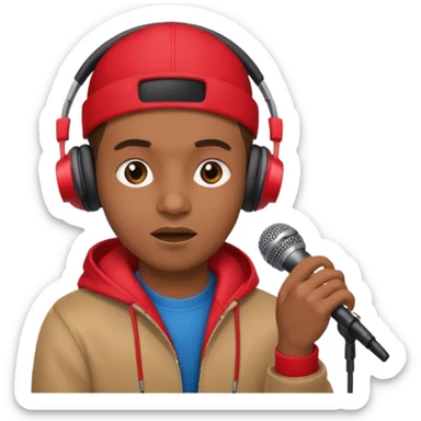 emoji de persona haciendo beatbox con un micrófono y unos audífonos rojos puestos sticker