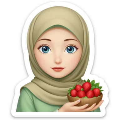 Turkish beautiful finish Konya girl blue eyes with beige and light green hijab islamic dress and had on her hand strawberry Matcha  sticker