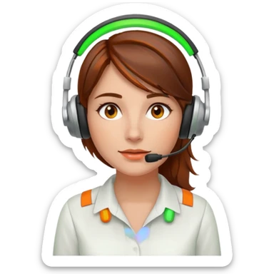 a woman, brown hair, middle european, sitting in the office in front of a computer, wearing a blouse and a headset. she is controling the limits on screen. green = ok, orange = am Limit, rot = überschritten sticker