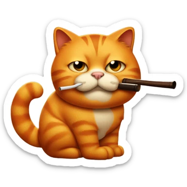an orange fat Garfield cat smoking a wooden pipe sticker