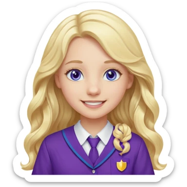 A pale girl with blue eyes and long and blonde , wavy hair , smiling wearing a purple school uniform  sticker