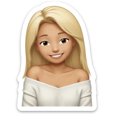 Mujer color de piel moreno claro, con cabello rubio largo, lacio y suelto, ojos negros, usando un suéter off shoulders blanco, sonriendo sin enseñar los dientes durmiendo  sticker