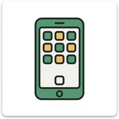 iPhone facing forward with visible app icons, modern look, green gold and white color scheme, rounded shapes, simple design sticker