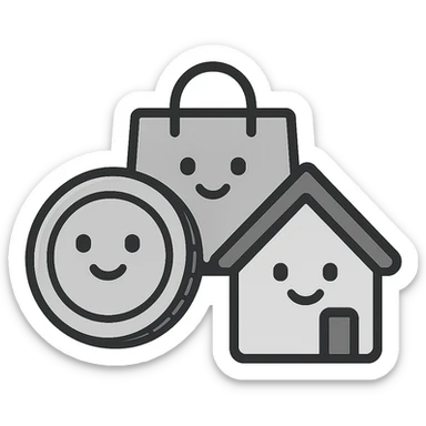 combined icon with coin, shopping bag, and home, all interlocking, symbolizing future savings, wants, and needs, flat minimalist style sticker