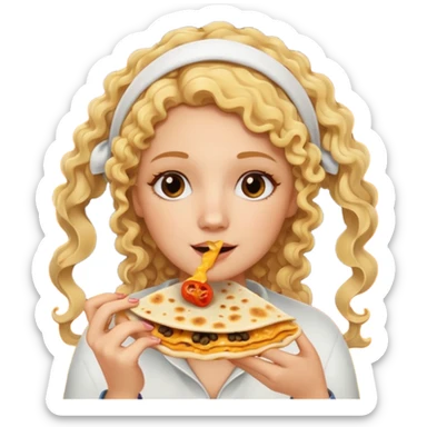 mujer con pelo rubio rizado comiendo quesadillas quemadas. sticker