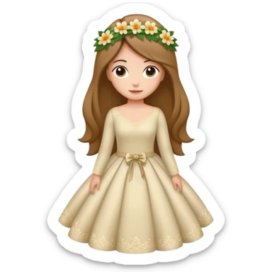 Chica blanca, cabello castaño, recogido en moño alto, vestido novia de manga larga, cuerpo entero, ramo de flores en una mano sticker