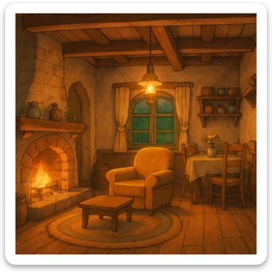 cozy cottage, warm lighting, ghibli style, inviting and charming sticker