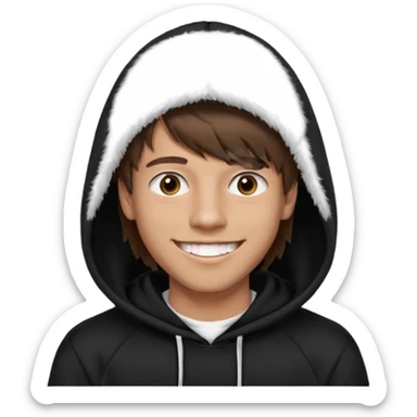 20 yr old man, brown hair, straight, big smile, white teeth, tanned skin, bangs, black hooded sweatshirt, long hair in back, middle parted bangs sticker