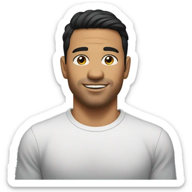 A head and shoulders shot of a 32 year old Latino man, with short black hair,   with brown eyes wearing a t-shirt. sticker