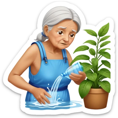 Old woman, wearing water pack, struggling to water house plants sticker