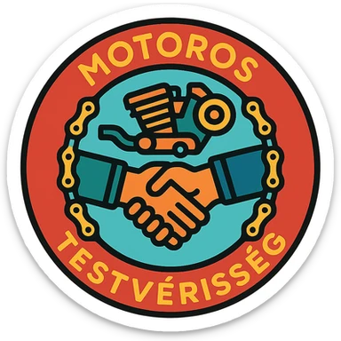 circular motorcycle cap design with the Hungarian phrase 'Motoros Testvériség', featuring motorcycle motifs like handshake, chain, motor, community style sticker