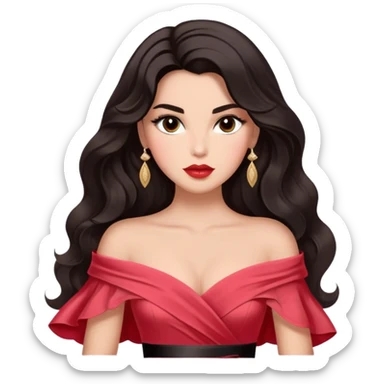 A woman with almond-toned skin, dark voluminous hair in waves, expressive eyes with soft lashes and shimmer, full lips with a glossy nude-pink color, wearing a red dress and a white sash with “Miss San Juan” in black letters, exuding elegance and confidence. sticker