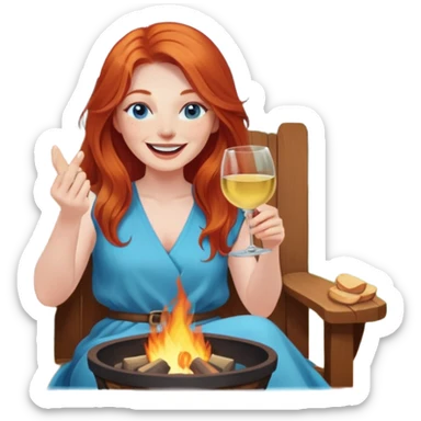Laughing redhead with long hair and blue eyes holding white wine sitting in chair beside fire pit sticker