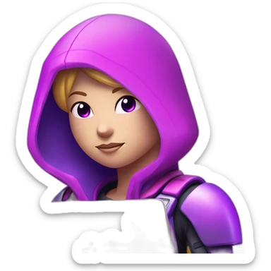 Girl developer behind his laptop with this style : Nintendo Samus Video game neon glowing bright purple character pink lack hooded hacker themed character sticker