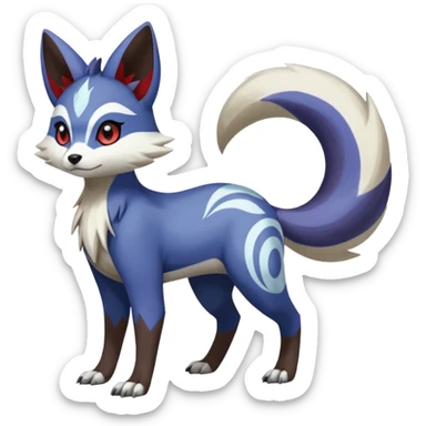 indigo, white, black Hyper-realistic Colorful Skilled Adept Graceful Asian Painted Meloetta-Furret-Lycanroc-Zangoose-fusion-hybrid-creature (full body) sticker