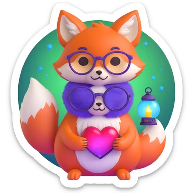 small magical fox with shimmering purple and blue fur, glowing fluffy tail, silver star on forehead, round glasses, tiny lantern, hugging a big red heart sticker