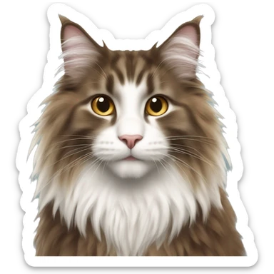 Norwegian forest cat with brown dark long fur and white neck fur and white nose  sticker