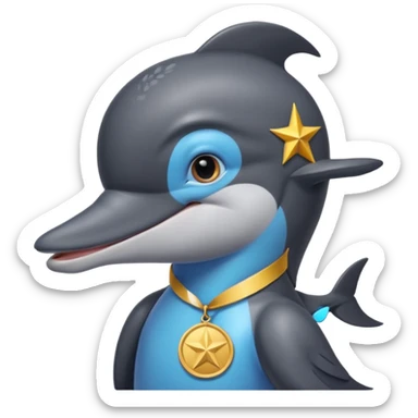 A delfin with e medal and a crow king sticker