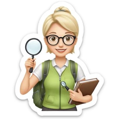 Happy woman in her 40s with glasses, sporty outfit, backpack, holding only one magnifying glass in one hand sticker