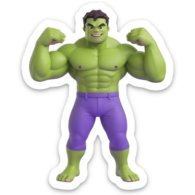 Hulk, green skin, big muscles, smiling, purple pants, 3D emoji style sticker