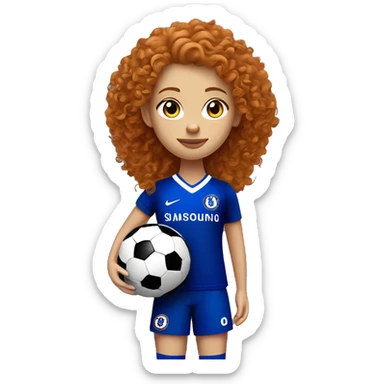 ginger curly hair girl with blue eyes, with football and red and black nike football boots with a football in hand, while wearing a chelsea kit sticker