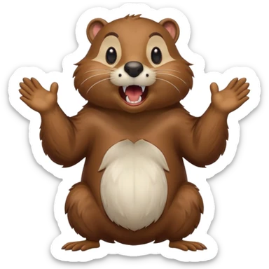  A crazy beaver is standing on its hind legs with its front paws stretched out in front of it. It has a brown fur coat with white fur around its eyes and nose. mouth is open, revealing sharp teeth. More craziness sticker