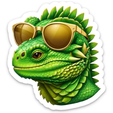 rich capitalist iguana head with golden glossy sunglasses sticker