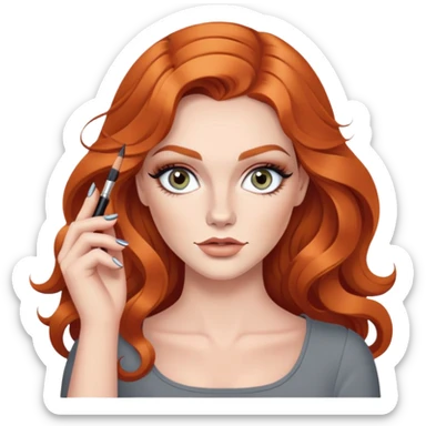Rousse aux cheveux très très long et ondulé. Yeux gris, make up léger avec contouring prononcé. Nails artist lèvre clair et pulpeuse sourcils epais  sticker