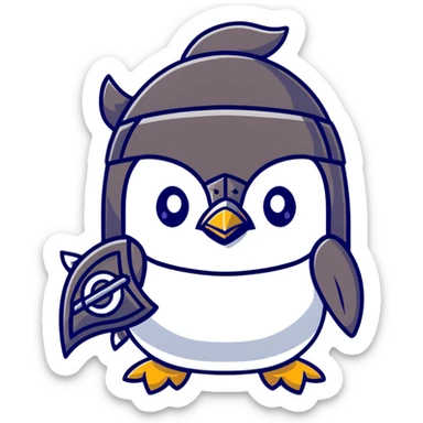 Cute penguin as Norse god Odin with two ravens on shoulders, wearing a Viking helmet and eyepatch sticker