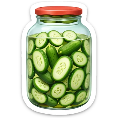 A jar of pickled cucumbers with clear brine and green whole pickles.







 sticker