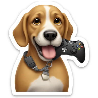 Dog holding a Xbox controller sticker