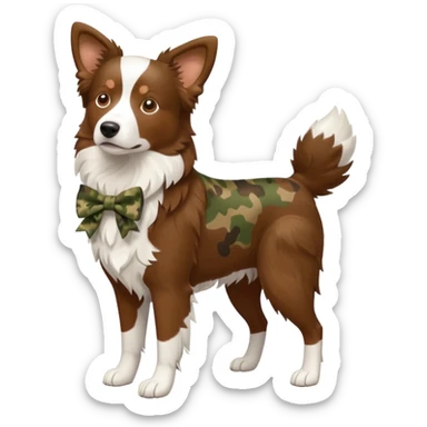 Brown border collie with a camo bow full body  sticker