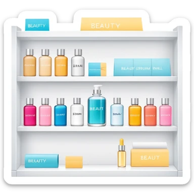 big long white shelf with one serum bottle labeled beauty brand and big sticky note next to it sticker