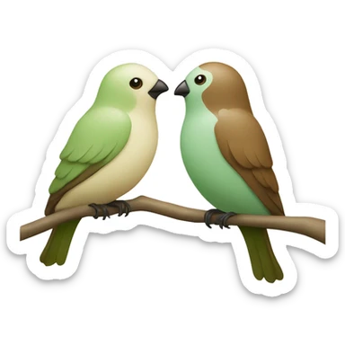 Two birds sitting on a tree branch one pale green and the other brown cream sticker