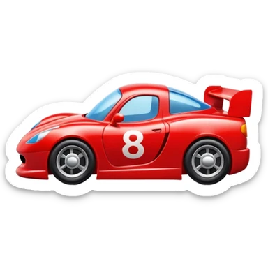 A red toy race car with a happy smiling face on the front sticker