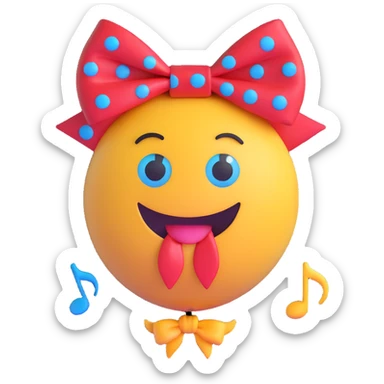 3D smiley emoji, large eyelashes, red polka dot bow, overwhelmed, downward looking eyes, blue eyes, musical notes sticker