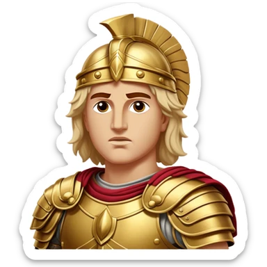 Cinematic Realistic Alexander the Great Portrait Emoji, depicted as a bold, charismatic ancient conqueror in regal armor with a commanding gaze, rendered with lifelike textures and dramatic heroic lighting that captures his legendary ambition. sticker