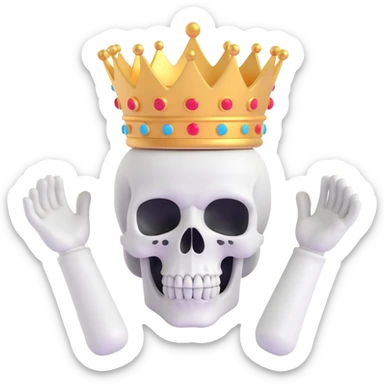 A shocked skull with a crown on top, both hands raised pressing on its head in disbelief, black and white sticker